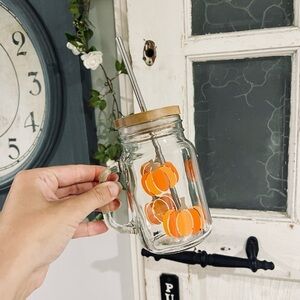 Pumpkin Fall glass mug handle with bamboo lid and straw